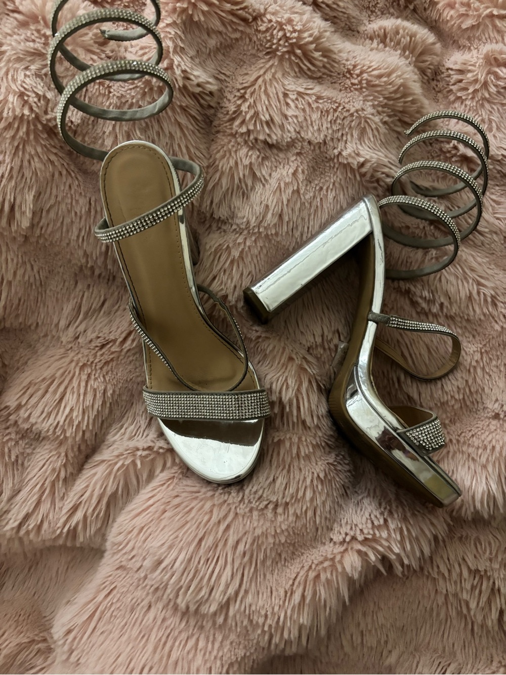 Metallic Silver Strappy High-Heel Sandals with Wrap-Around Ankle Straps